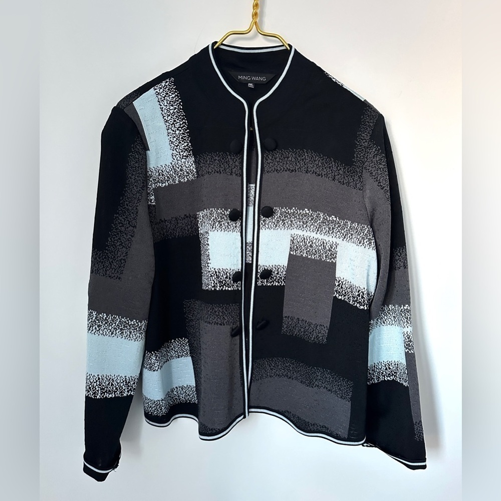 Ming Wang Black Blue Sleek Knit Open Front Sweater Jacket Women’s Petite XL